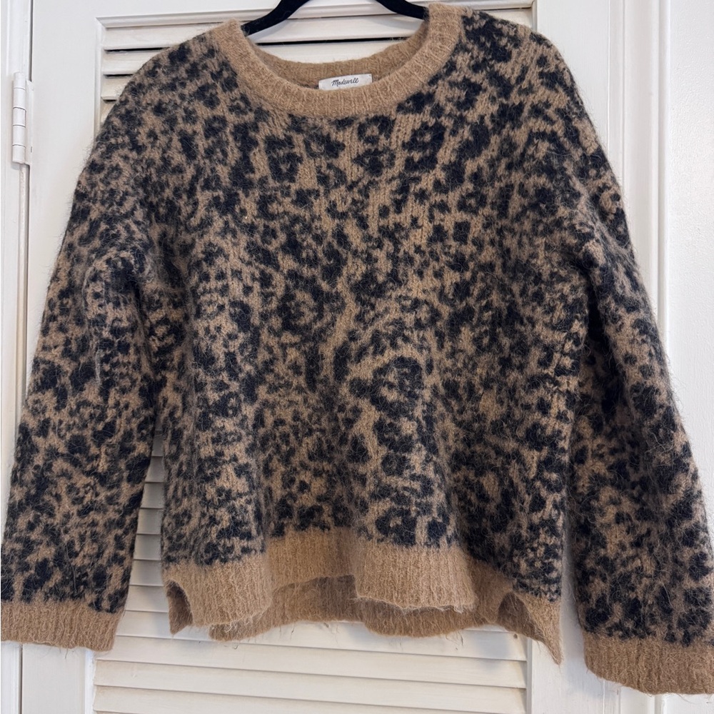 Madewell Leopard Print Fuzzy Crewneck Sweater - Tan/Black